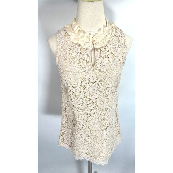 J. Crew Small Tall Cream Ivory Beige Lace Ruffle Neck Sleeveless Keyhole Top New - Picture 14 of 16